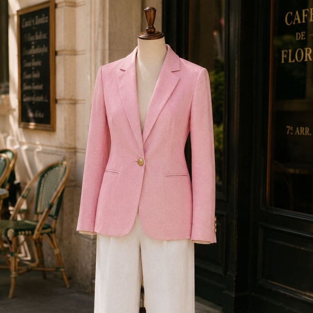 J.Crew Holland Blazer Pink Linen Cotton Single Button Gold Crest Buttons 8